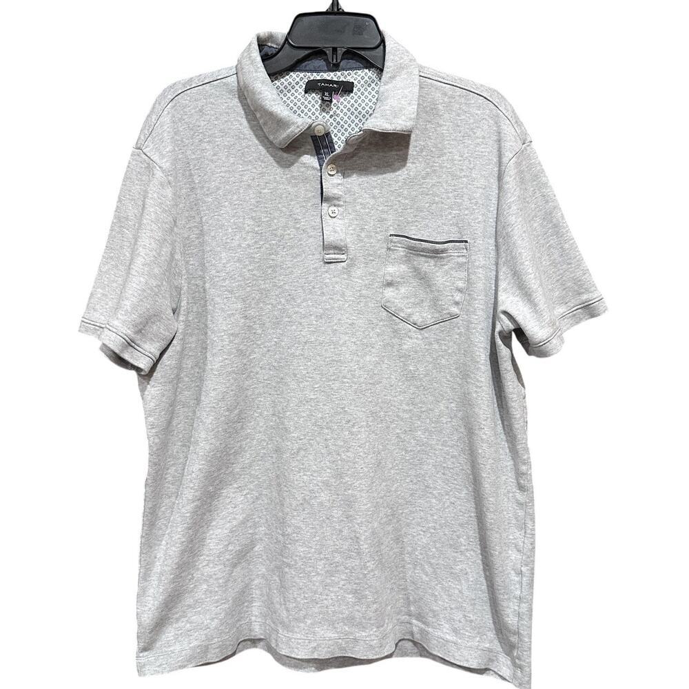 Tahari Polo Shirt Men XL Heather Gray 100% Cotton Chest Pocket Contrast Trim